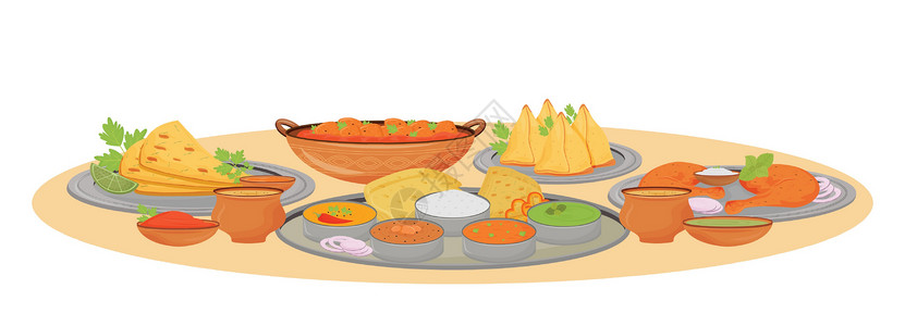 服务卡通矢量图的印度菜 塔利平面颜色对象中的传统美食餐点和辣酱 白色背景上孤立的印度餐厅餐桌表面背景图片