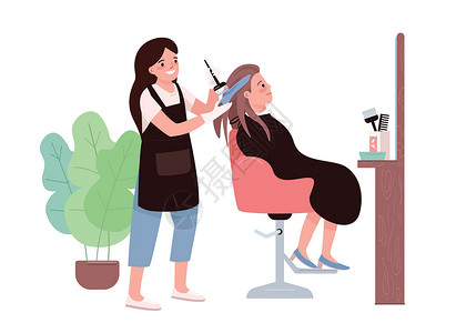 头发着色平面颜色矢量字符 女理发师 染发程序 发型师工作室 造型师客户 女人得到发型 美容院孤立的卡通它制作图案设计图片