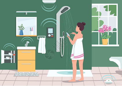 女子浴室刷牙智能浴室电器平面彩色矢量图 女孩用智能手机控制淋浴 家庭生活中的物联网 使用手机 2D 卡通人物的女人 背景是浴室设计图片