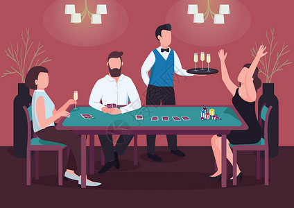 游戏纸牌素材赌场平面彩色矢量图 三个人打扑克 女人在绿桌上赢纸牌游戏 筹码做赌注 赌徒 2D 卡通人物在室内与服务员在背景插画