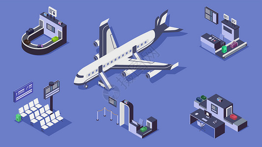 重庆机场值机机场等距颜色矢量插图集 行李带商业飞机和安全检查站 3d 概念隔离在蓝色背景上 行李扫描仪终端和值机柜台设计图片