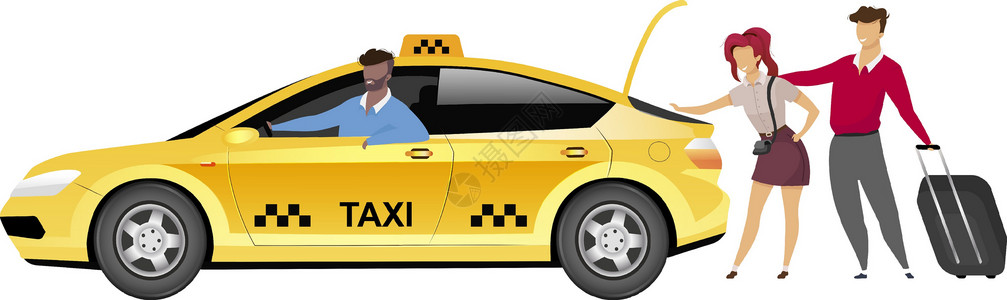 无车承运人出租车司机与客户平面颜色矢量不露面的字符 黄色出租车里的男人和带着行李的游客孤立的卡通插图 用于网页图形设计和动画 城市旅游服务设计图片