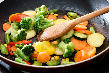 混合蔬菜用煎锅煮的蔬菜背景