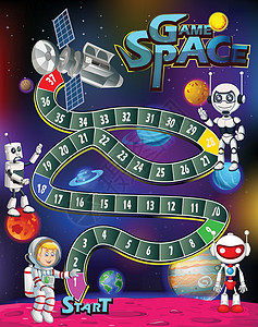 卫星气象具有机器人和外层空间背景的游戏空间漫画智力梯子卫星紫色宇航员吉祥物插图快乐卡通片插画