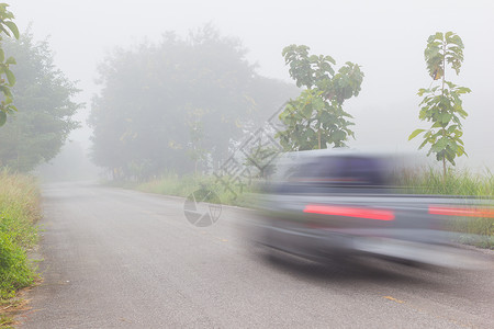 绿树林一带雾雾的清晨 汽车在路上被模糊国家天气风险安全地面旅行驾驶薄雾危险车辆背景图片