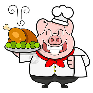 多对一服务烤鸭的厨师对 TrayBon 胃口大开 日志盘子美食工作男性帽子职业烹饪菜单微笑标识插画