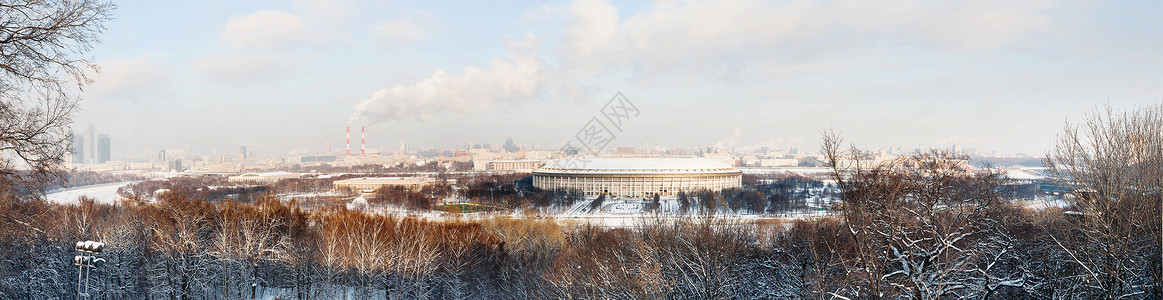 Msu从莫斯科国立大学 MSU 附近的观景台欣赏卢日尼基体育场和麻雀山的全景 冬天阳光灿烂的日子 莫斯科 俄罗斯麻雀建筑首都爬坡天线森背景