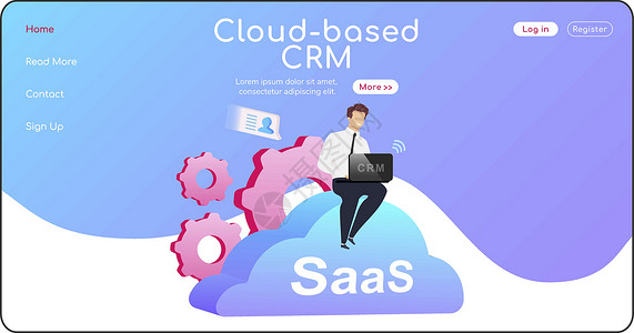 企业宣传单页基于云的 CRM 登陆页面平面颜色矢量模板 坐在积云主页布局上的人  SaaS 单页网站界面与卡通人物 计算机软件插画