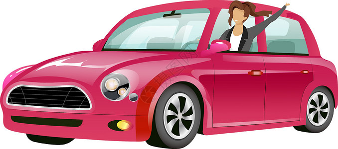 三手握手姿势女孩驾驶粉红色迷你库珀平面彩色矢量不露面的角色 微笑的年轻女士在汽车孤立的卡通插图为网页图形设计和动画 三路上的幸福女人插画