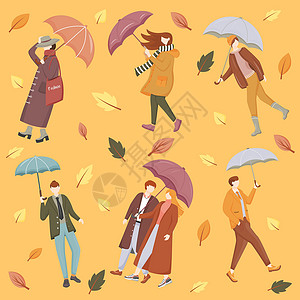 带雨伞的人平面矢量无缝模式 橙色背景 季节性磨损 秋叶纹理与卡通颜色图标 雨天和刮风天气包装纸壁纸设计背景图片