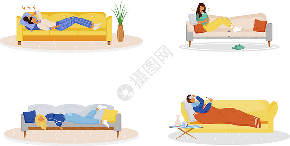 躺在沙发上人躺在沙发上平面颜色矢量不露面字符集 生病的人在沙发上休息 身体不适的人 病妇 流感虚弱 白色背景上的疾病症状孤立卡通插图插画