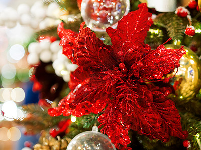 精华的花朵 由配有亮片的织物制成 圣诞树的新年装饰红色灯泡庆典水钻玫瑰火花背景图片