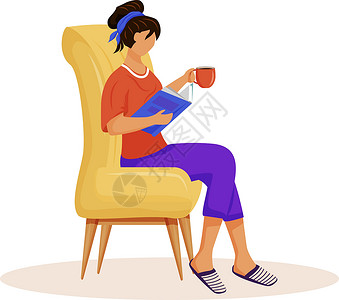 书与茶女人看书平面颜色矢量不露面的字符 女士在家里坐在椅子上放松 沙发上有热饮的女孩 女性阅读杂志 娱乐孤立卡通它制作图案插画