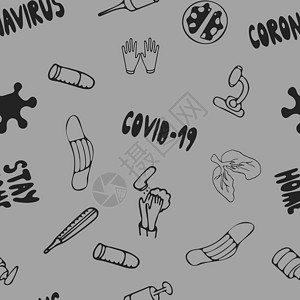 冠状病毒保护相关的无缝模式 矢量手绘涂鸦插画背景图片