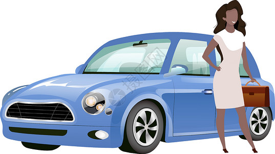 无车承运站在汽车旁的女商务人士平面颜色矢量不露面的角色 非洲裔美国妇女拿着公文包靠近迷你库珀孤立的卡通插图 用于网页图形设计和动画插画