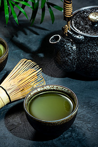 茶饮仪式食物杯子叶子绿茶饮料传统粉状茶点排毒草本植物背景图片