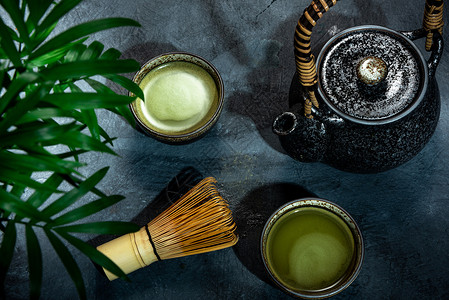 茶饮仪式绿茶文化排毒饮料粉状传统草本植物杯子叶子食物背景图片