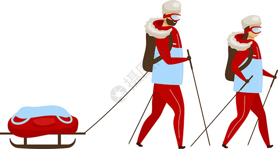 徒步旅行队平面彩色矢量插图 有雪橇越野行走的背包客 探险家徒步旅行 北极考察团 白色背景上的女人和男人孤立的卡通人物背景图片