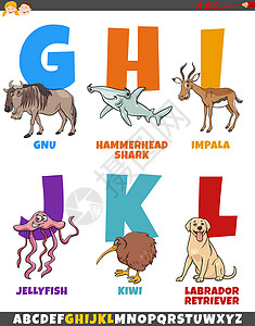 卡通长尾鲨设置有动物角色的卡通字母表设计图片