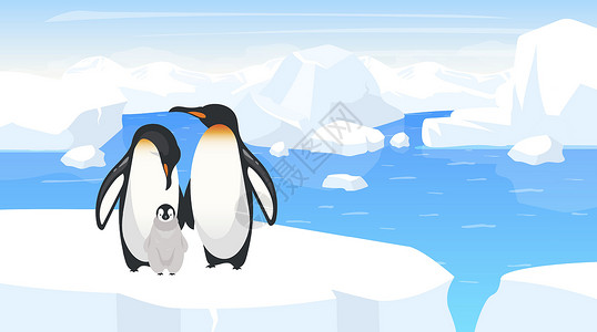 冰岛冬季瀑布南极野生动物平面矢量图 帝企鹅家族在破裂的冰山上 与小鸡的成年鸟在冬天风景 南极荒野 动物卡通人物设计图片