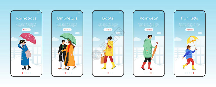 天气模板雨衣入职移动应用程序屏幕平面矢量模板 雨伞和靴子 儿童雨衣 演练网站步骤与字符  UXUIGUI 智能手机卡通界面外壳印刷品系列插画