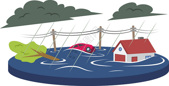房子水洪水卡通矢量图 洪水泛滥 流动的水 被淹的生活区 大灾变 倾盆大雨 极端的天气条件 白色背景上孤立的平面颜色自然灾害插画