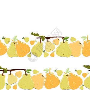 梨边框整个黄色和橙色梨子 叶片在白色背景上无缝横向边框叶子作品食物饮食插图水果剪贴簿种子插画