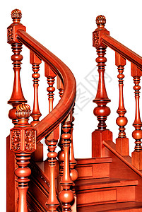 弧形楼梯木制楼梯的元素 带有雕刻的弧形栏杆和红木栏杆 在白色背景上隔离背景