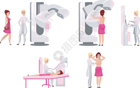 乳房体检平面插图集 乳腺 X 光诊断医学超声检查和触诊 乳腺癌预防考试概念 哺乳动物学家和女病人卡通人物背景图片