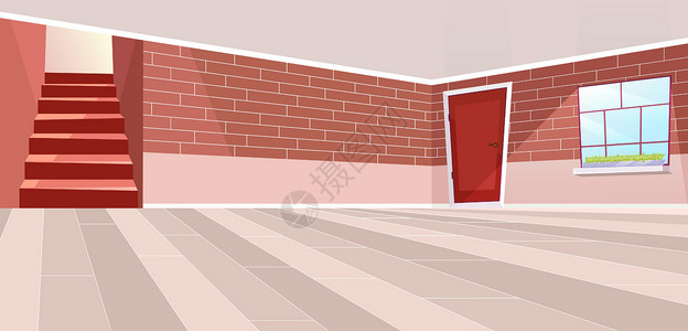 红色古典窗户边框空荡荡的小屋大厅内部平面矢量图 卡通复古砖墙门和红色调色板中的楼梯 带米色地板和天花板的阳光明媚的房间 新公寓设计方案插画