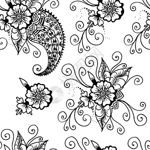 鲜花和佩斯利 抽象的线性绘图 无缝模式 白底黑字插画