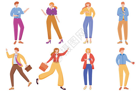 工人加油姿势办公室工作人员平面矢量插图集 人们穿着正式的衣服 带着公文包和咖啡杯 员工在白色背景上隔离了男性和女性不露面的卡通人物候选人企业设计图片