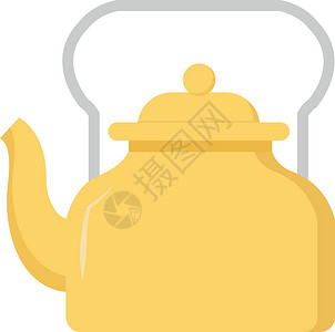 白色背景上的黄色厨房黑色陶瓷茶壶制品卡通片饮料早餐背景图片