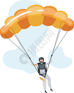 跳伞平面矢量图 跳伞滑翔伞体验 极限运动 积极的生活方式 户外运动 蓝色背景上带有降落伞孤立卡通人物的运动员男性插图肾上腺素空气背景图片