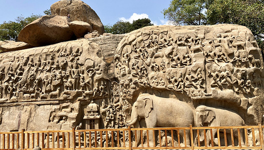 印度泰米尔纳德邦马哈巴利普拉姆帮派的后裔岩石艺术建筑学吸引力文化雕塑地标晴天上帝寺庙背景图片