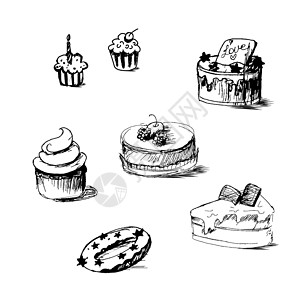 手绘纸杯蛋糕用草图 面包贴纸来说明蛋糕餐厅糕点周年巧克力咖啡店横幅食物星星甜点纪念日背景