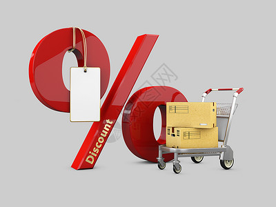 购物车标签红色百分比和购物车的 3d 插图 盒子在灰色背景上隔离背景