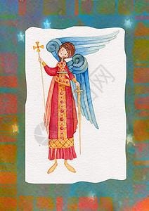 守护天使插图紫色长袍星星福音偶像宗教监护人图像学绿色背景图片