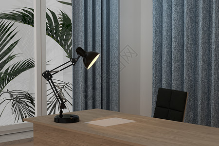 带木桌和装饰 lamp3d 渲染的私人工作场所窗帘工作室辉光聚光灯装饰品建筑学风格房间桌子学习背景图片