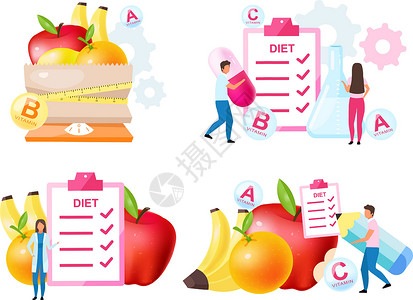 选择食物饮食学专家平面矢量插图集 含有新鲜维生素的水果 选择健康的营养成分 安排减肥餐 营养师医生孤立的卡通人物设计图片