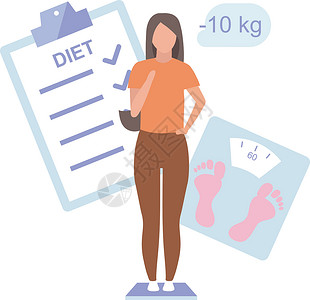 饮食计划和结果平面矢量图 年轻女子站在体重秤上控制体重 苗条的女孩对体重减轻感到高兴 白色背景上孤立的卡通人物插画