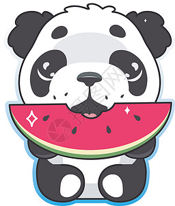 日本熊本城可爱的熊猫吃西瓜卡哇伊卡通矢量人物 可爱 快乐和有趣的动物享受夏季食物隔离贴纸 白色背景上的动漫宝宝熊猫熊表情符号插画