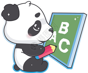 可爱的熊猫在学校董事会上用铅笔卡哇伊卡通矢量人物画画 可爱又有趣的动物学习字母孤立贴纸 白色背景上的动漫宝宝熊猫熊表情符号背景图片