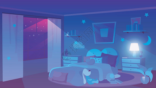 儿童卧室夜景平面矢量图解 全景窗口中暗紫色天空中的星星 少女风格的房间内部 墙上挂着柔软的玩具装饰云彩 带凡士林的床头柜插画