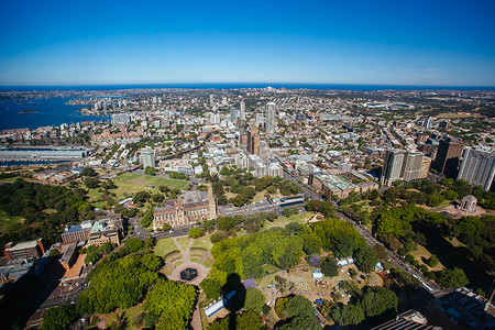 悉尼东向海德公园的空中景象旅行天线市中心摩天大楼建筑学海洋植物港口花园建筑户外高清图片素材
