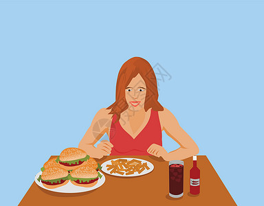 吃烤红薯的女孩妇女在一张棕色木桌上吃快餐设计图片