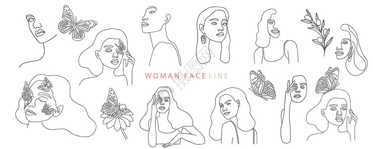 脸部轮廓用细线设置的女性背景集合 可编辑 vect设计图片