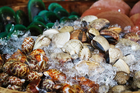筑地市场在泰国和旅游者中可以看到街头食品上新鲜的海鲜食物旅行午餐小吃美食烧烤螃蟹市场筹码章鱼烹饪背景