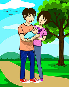 背着母亲的男人丈夫和刚出生的孩子正在公园里散步 父亲背着孩子 母亲站在旁边 每个人都很开心 这是一张表达家人爱的照片插画