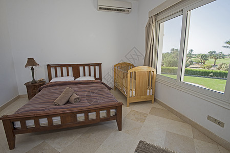 室内双卧房设计内部设计地面园景窗帘风格装饰卧室床垫婴儿床住宅房子背景图片